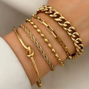 Aomogo Ensemble de 5 Bracelets chaîne pour femme en acier inoxydable plaqué or, pouvant être détachés et portés individuellement, élégants et haut de gamme, convenant comme cadeau pour elle