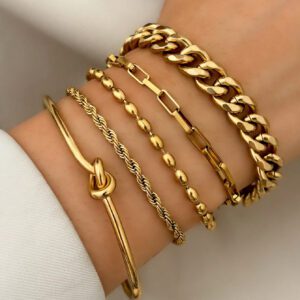 Aomogo Ensemble de 5 Bracelets chaîne pour femme en acier inoxydable plaqué or, pouvant être détachés et portés individuellement, élégants et haut de gamme, convenant comme cadeau pour elle