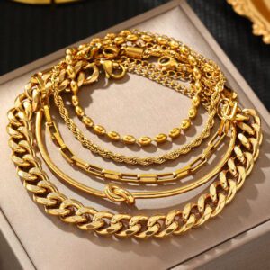 Aomogo Ensemble de 5 Bracelets chaîne pour femme en acier inoxydable plaqué or, pouvant être détachés et portés individuellement, élégants et haut de gamme, convenant comme cadeau pour elle