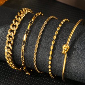 Aomogo Ensemble de 5 Bracelets chaîne pour femme en acier inoxydable plaqué or, pouvant être détachés et portés individuellement, élégants et haut de gamme, convenant comme cadeau pour elle