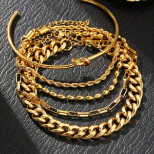 Aomogo Ensemble de 5 Bracelets chaîne pour femme en acier inoxydable plaqué or, pouvant être détachés et portés individuellement, élégants et haut de gamme, convenant comme cadeau pour elle
