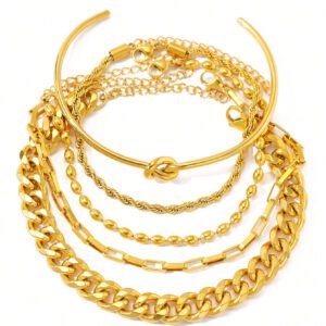Aomogo Ensemble de 5 Bracelets chaîne pour femme en acier inoxydable plaqué or, pouvant être détachés et portés individuellement, élégants et haut de gamme, convenant comme cadeau pour elle