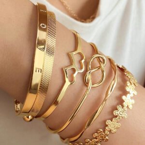 6 Pièces/set Bracelet Ouvert À Double cœur À Lettre De Fleur D'amour Pour Femmes, Port Quotidien Et Cadeau De Fête, Couleur D'or