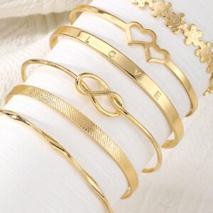 6 Pièces/set Bracelet Ouvert À Double cœur À Lettre De Fleur D'amour Pour Femmes, Port Quotidien Et Cadeau De Fête, Couleur D'or