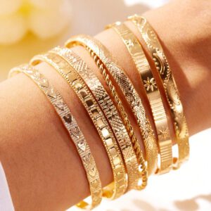 7 pièces Ensemble de bracelets joncs ouverts avec exagération de personnalité, martelé, hexagramme et câble