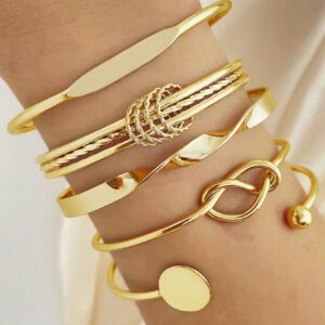 7 pièces Ensemble de bracelets joncs ouverts avec exagération de personnalité, martelé, hexagramme et câble