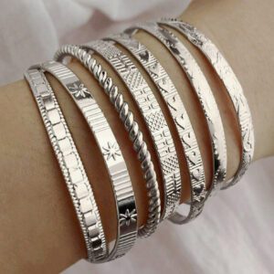 7 pièces Ensemble de bracelets joncs ouverts avec exagération de personnalité, martelé, hexagramme et câble