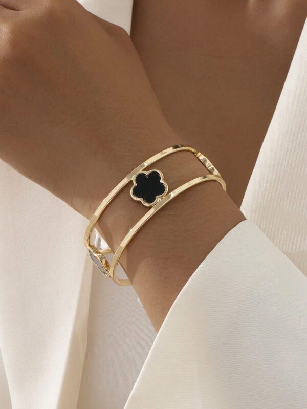 1 pièce Bracelet ouvert à double ligne avec design de trèfle chanceux élégant pour femmes – Image 2