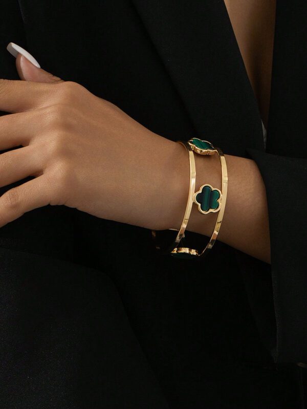 1 pièce Bracelet ouvert à double ligne avec design de trèfle chanceux élégant pour femmes – Image 3