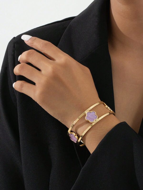 1 pièce Bracelet ouvert à double ligne avec design de trèfle chanceux élégant pour femmes – Image 4