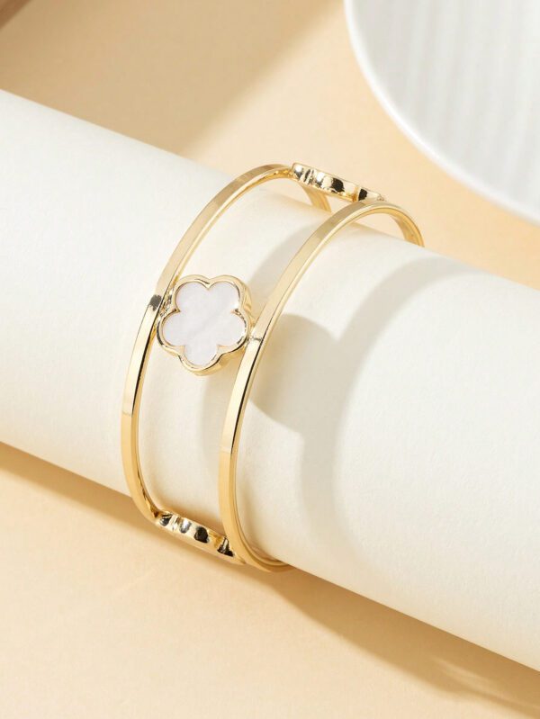 1 pièce Bracelet ouvert à double ligne avec design de trèfle chanceux élégant pour femmes – Image 5