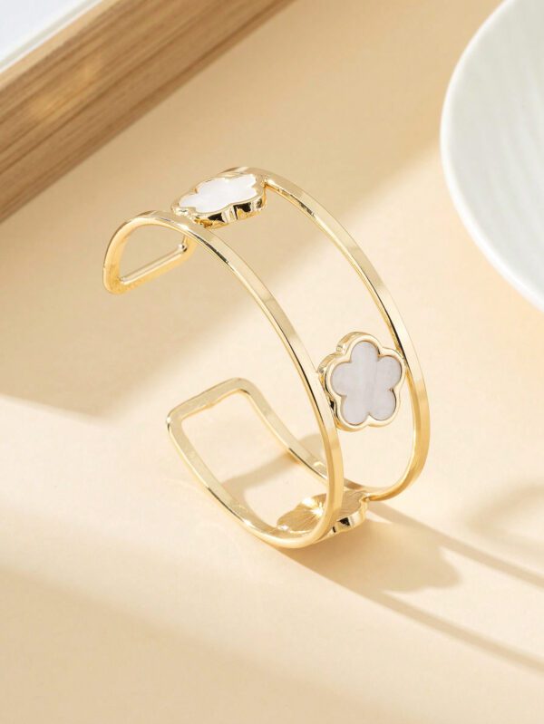 1 pièce Bracelet ouvert à double ligne avec design de trèfle chanceux élégant pour femmes – Image 7