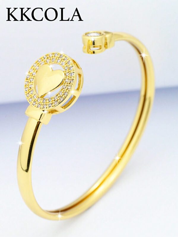 KKCOLA 1 pièce Bracelet manchette à la mode avec cubic zirconia cubique et cœur, pour femmes, pour décoration quotidienne, bijou en cuivre, Saint-Valentin – Image 2