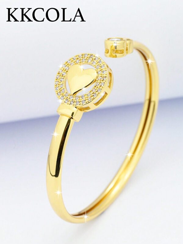 KKCOLA 1 pièce Bracelet manchette à la mode avec cubic zirconia cubique et cœur, pour femmes, pour décoration quotidienne, bijou en cuivre, Saint-Valentin – Image 4