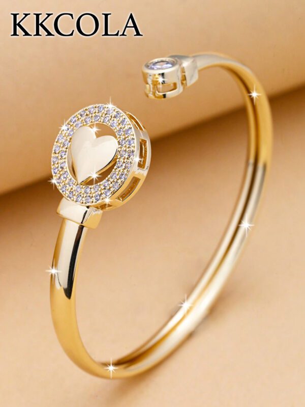 KKCOLA 1 pièce Bracelet manchette à la mode avec cubic zirconia cubique et cœur, pour femmes, pour décoration quotidienne, bijou en cuivre, Saint-Valentin – Image 5