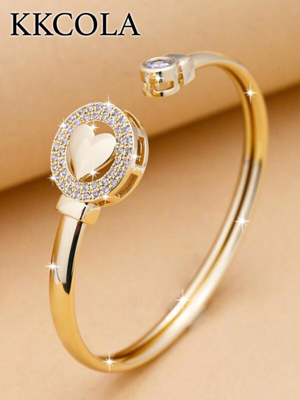KKCOLA 1 pièce Bracelet manchette à la mode avec cubic zirconia cubique et cœur, pour femmes, pour décoration quotidienne, bijou en cuivre, Saint-Valentin – Image 13