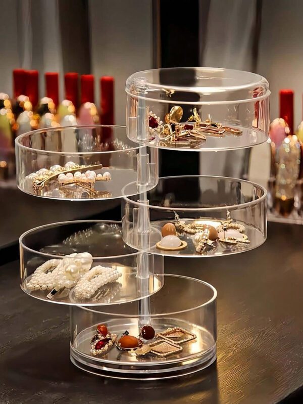 1 pièce Boîte à bijoux rotative transparente, boîte de rangement multifonctionnelle pour cosmétiques, organisateur de comptoir de coiffeuse, boîte de rangement pour accessoires, présentoir à cosmétiques multicouche, décoration de maison, décoration de chambre, accessoires de salle de bain, convient pour les bracelets, boucles d'oreilles, bagues, colliers, broches, pinces à cheveux, bandeaux, montres, houppettes, etc.