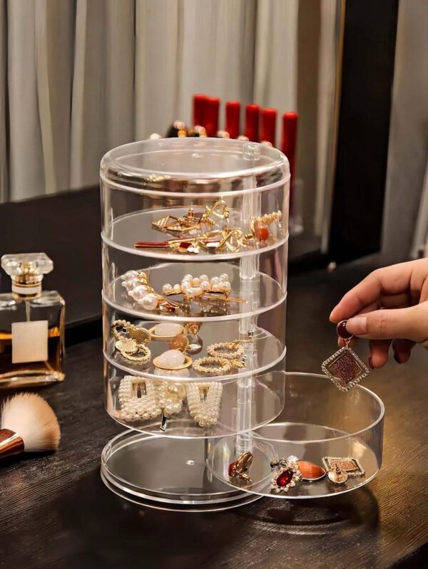 1 pièce Boîte à bijoux rotative transparente, boîte de rangement multifonctionnelle pour cosmétiques, organisateur de comptoir de coiffeuse, boîte de rangement pour accessoires, présentoir à cosmétiques multicouche, décoration de maison, décoration de chambre, accessoires de salle de bain, convient pour les bracelets, boucles d'oreilles, bagues, colliers, broches, pinces à cheveux, bandeaux, montres, houppettes, etc. – Image 3