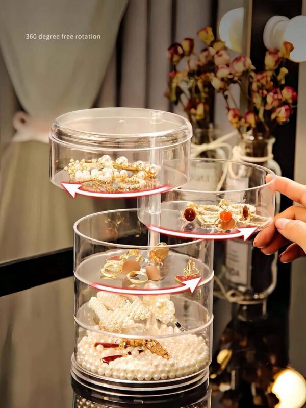 1 pièce Boîte à bijoux rotative transparente, boîte de rangement multifonctionnelle pour cosmétiques, organisateur de comptoir de coiffeuse, boîte de rangement pour accessoires, présentoir à cosmétiques multicouche, décoration de maison, décoration de chambre, accessoires de salle de bain, convient pour les bracelets, boucles d'oreilles, bagues, colliers, broches, pinces à cheveux, bandeaux, montres, houppettes, etc. – Image 4