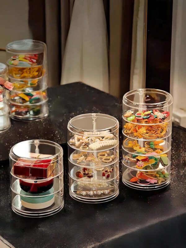 1 pièce Boîte à bijoux rotative transparente, boîte de rangement multifonctionnelle pour cosmétiques, organisateur de comptoir de coiffeuse, boîte de rangement pour accessoires, présentoir à cosmétiques multicouche, décoration de maison, décoration de chambre, accessoires de salle de bain, convient pour les bracelets, boucles d'oreilles, bagues, colliers, broches, pinces à cheveux, bandeaux, montres, houppettes, etc. – Image 5
