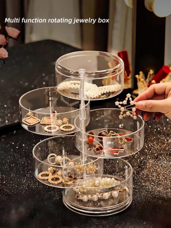 1 pièce Boîte à bijoux rotative transparente, boîte de rangement multifonctionnelle pour cosmétiques, organisateur de comptoir de coiffeuse, boîte de rangement pour accessoires, présentoir à cosmétiques multicouche, décoration de maison, décoration de chambre, accessoires de salle de bain, convient pour les bracelets, boucles d'oreilles, bagues, colliers, broches, pinces à cheveux, bandeaux, montres, houppettes, etc. – Image 6