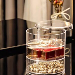 1 pièce Boîte à bijoux rotative transparente, boîte de rangement multifonctionnelle pour cosmétiques, organisateur de comptoir de coiffeuse, boîte de rangement pour accessoires, présentoir à cosmétiques multicouche, décoration de maison, décoration de chambre, accessoires de salle de bain, convient pour les bracelets, boucles d'oreilles, bagues, colliers, broches, pinces à cheveux, bandeaux, montres, houppettes, etc.