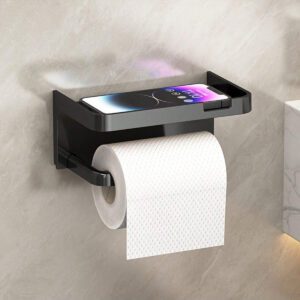 Porte-papier toilette mural sans perçage facile à installer avec support pour téléphone - finition polie, organisateur de salle de bain polyvalent pour les tissus et les articles essentiels