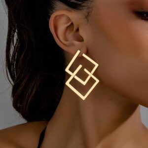 1 paire Boucles d'oreilles rétro exagérées à pendentif carré creux géométrique pour femmes, style européen et américain