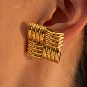 Uworld 1 Paire De Boucles D'oreilles De Personnalité À La Mode Haut De Gamme, Clous D'oreilles Carrés Texturés En Acier Inoxydable Plaqué Or 18 Carats, Accessoires D'élégance