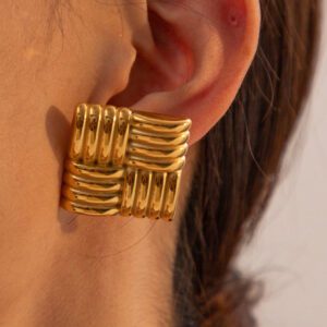 Uworld 1 Paire De Boucles D'oreilles De Personnalité À La Mode Haut De Gamme, Clous D'oreilles Carrés Texturés En Acier Inoxydable Plaqué Or 18 Carats, Accessoires D'élégance