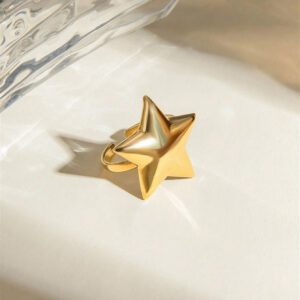 Uworld 1 pièce Bague ouverte en acier inoxydable plaqué or 18 carats, de forme géométrique tridimensionnelle en pentagramme, anti-allergie, imperméable, bijou de mode de haute qualité pour femmes, à porter au quotidien