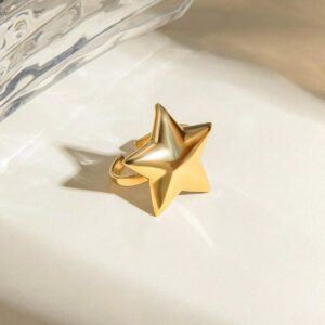 Uworld 1 pièce Bague ouverte en acier inoxydable plaqué or 18 carats, de forme géométrique tridimensionnelle en pentagramme, anti-allergie, imperméable, bijou de mode de haute qualité pour femmes, à porter au quotidien