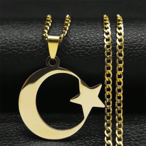 1 Pièce Collier En Acier Inoxydable Plaqué Or, Design Lune Et Étoile Adapté Pour Une Utilisation Quotidienne Pour Hommes