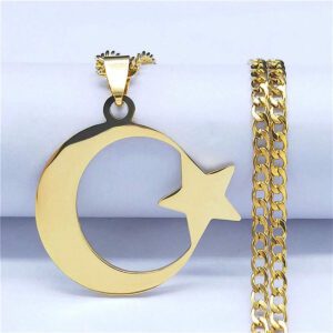 1 Pièce Collier En Acier Inoxydable Plaqué Or, Design Lune Et Étoile Adapté Pour Une Utilisation Quotidienne Pour Hommes