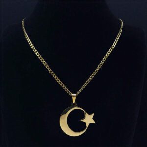 1 Pièce Collier En Acier Inoxydable Plaqué Or, Design Lune Et Étoile Adapté Pour Une Utilisation Quotidienne Pour Hommes