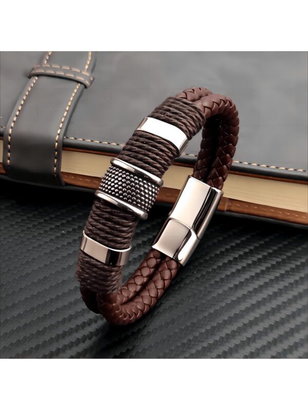 1 pièce Bracelet pour homme en PU marron multicouche vintage de luxe avec perles en pierre, bracelet en acier inoxydable, cadeau