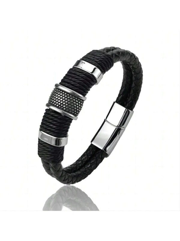 1 pièce Bracelet pour homme en PU marron multicouche vintage de luxe avec perles en pierre, bracelet en acier inoxydable, cadeau – Image 2