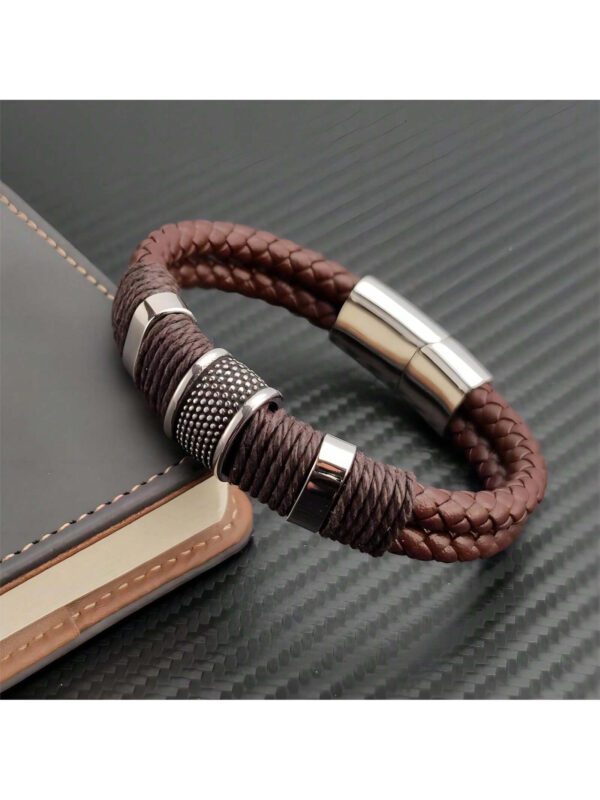 1 pièce Bracelet pour homme en PU marron multicouche vintage de luxe avec perles en pierre, bracelet en acier inoxydable, cadeau – Image 3