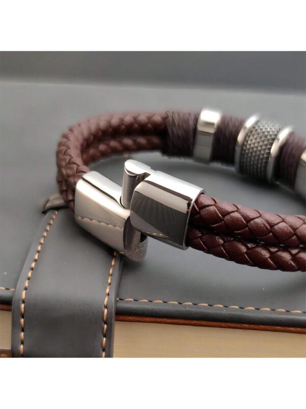 1 pièce Bracelet pour homme en PU marron multicouche vintage de luxe avec perles en pierre, bracelet en acier inoxydable, cadeau – Image 4