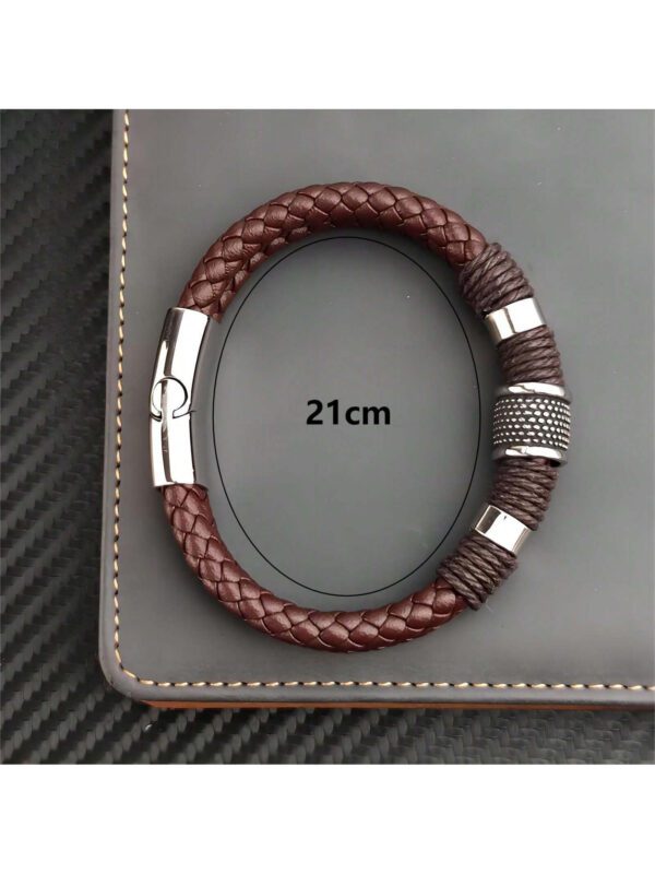 1 pièce Bracelet pour homme en PU marron multicouche vintage de luxe avec perles en pierre, bracelet en acier inoxydable, cadeau – Image 5