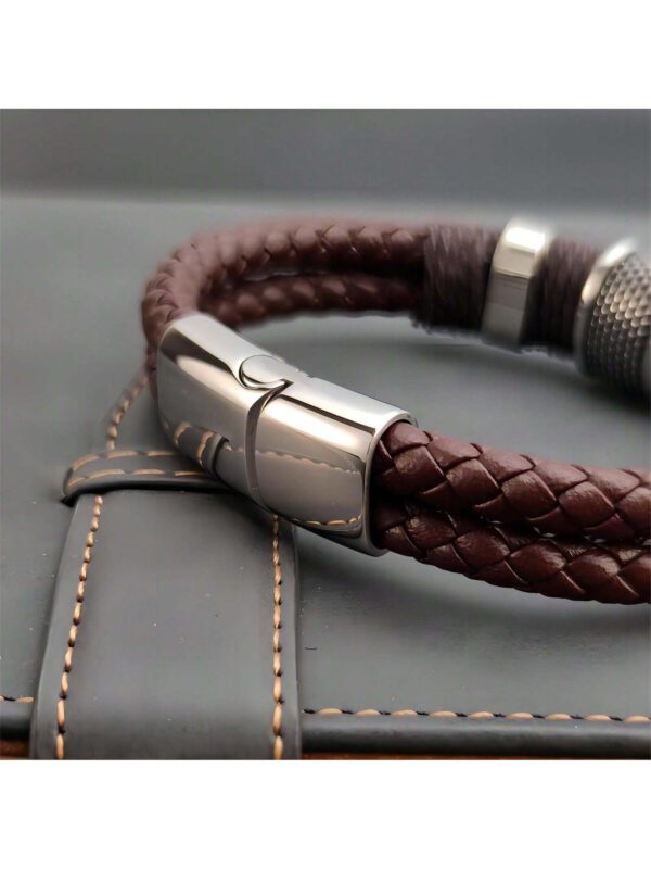 1 pièce Bracelet pour homme en PU marron multicouche vintage de luxe avec perles en pierre, bracelet en acier inoxydable, cadeau – Image 6