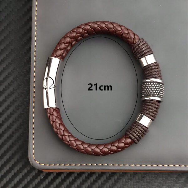 1 pièce Bracelet pour homme en PU marron multicouche vintage de luxe avec perles en pierre, bracelet en acier inoxydable, cadeau – Image 7