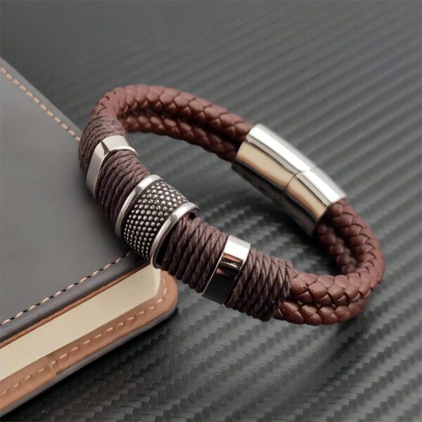 1 pièce Bracelet pour homme en PU marron multicouche vintage de luxe avec perles en pierre, bracelet en acier inoxydable, cadeau – Image 9