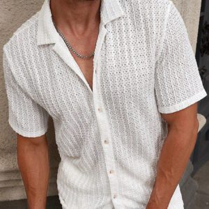 Manfinity CasualCool Chemise à manches courtes texturée unie en maille décontractée pour hommes, pour l'été, pour le mari, en vacances