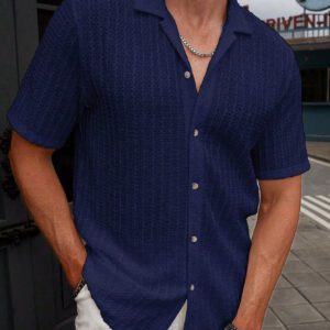 Manfinity CasualCool Chemise à manches courtes texturée unie en maille décontractée pour hommes, pour l'été, pour le mari, en vacances