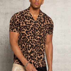 Manfinity NiteLyfe Chemise à manches courtes à boutons et imprimé léopard pour homme