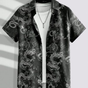Manfinity Modomio Chemise casual à manches courtes à imprimé dragon tissé pour homme, pour sortir, mari