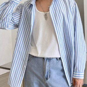 Manfinity Joysei Chemise à manches longues décontractée et urbaine, style mode et simple, avec motif rayures bleues et blanches colorées sur le col