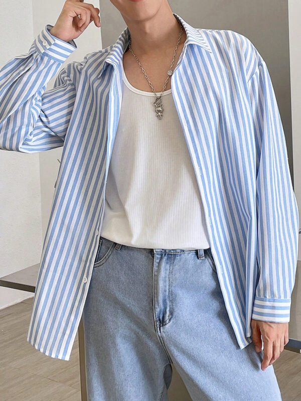 Manfinity Joysei Chemise à manches longues décontractée et urbaine, style mode et simple, avec motif rayures bleues et blanches colorées sur le col – Image 7