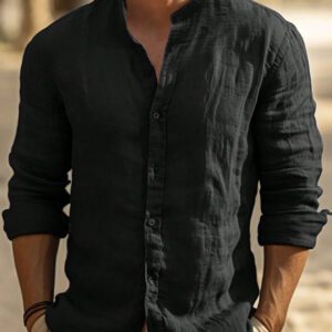Chemise pour homme printemps/été, couleur unie, col montant, manches longues, décontracté/bureau